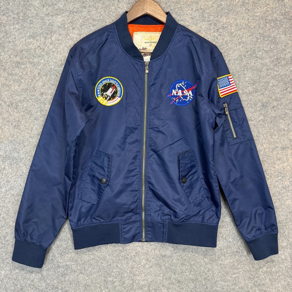 Asstseries NASA Bomber Jacket Mens Large 100th Space Shuttle Patch Zip Lined